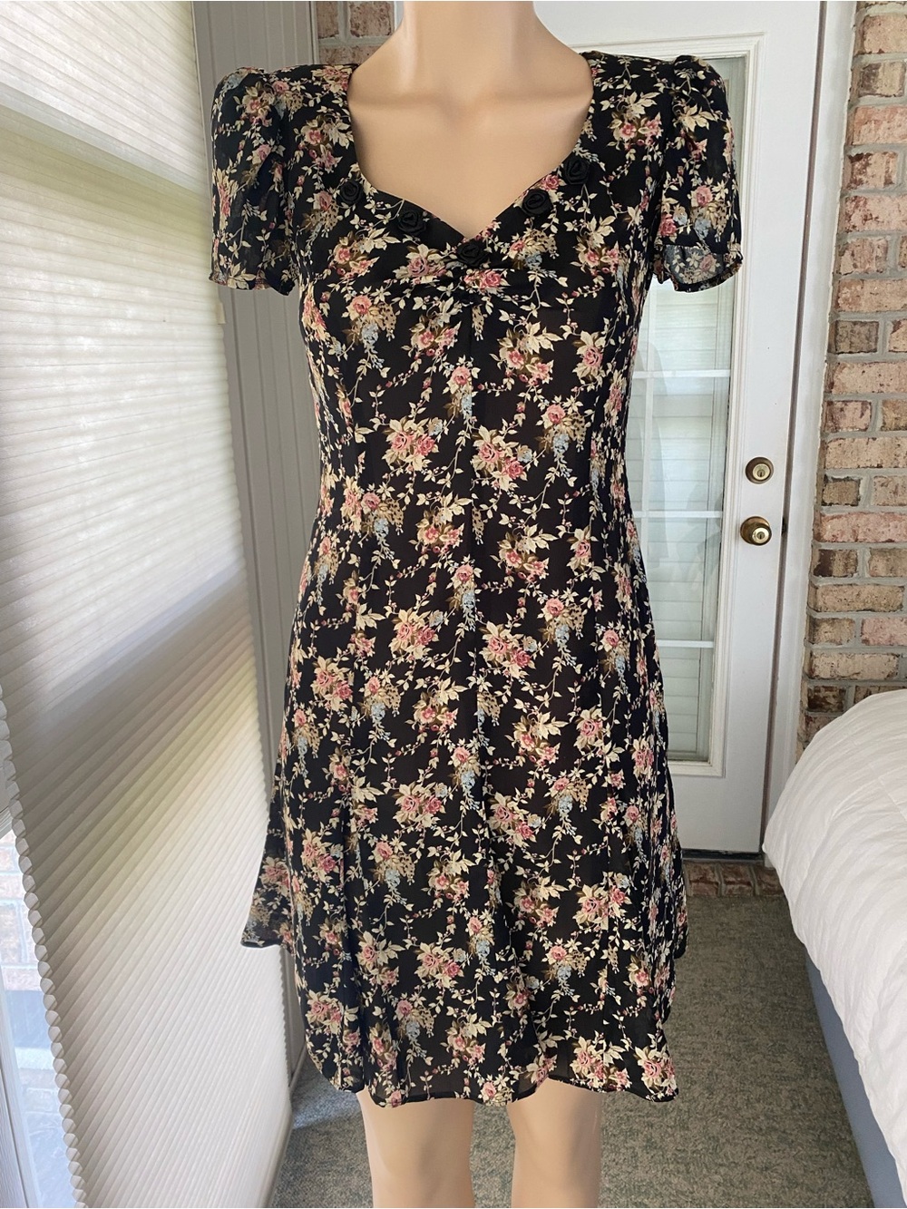 Vintage 1992 Black Floral Mini Dress with Pink and Cream Blossoms Size 4